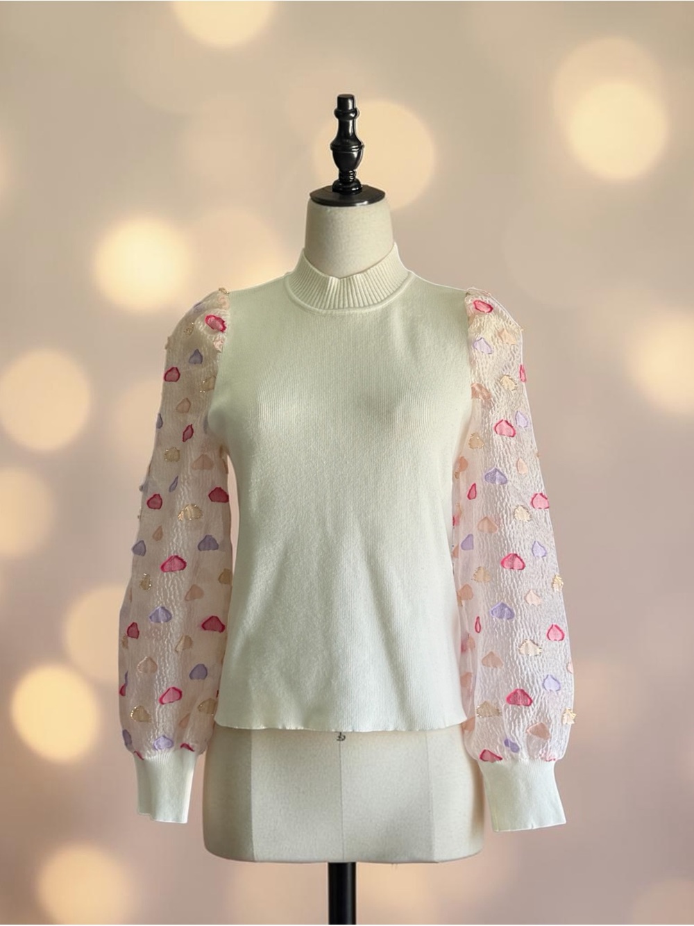 THML off-white sweater with sheer heart, embellished, puff sleeves size medium